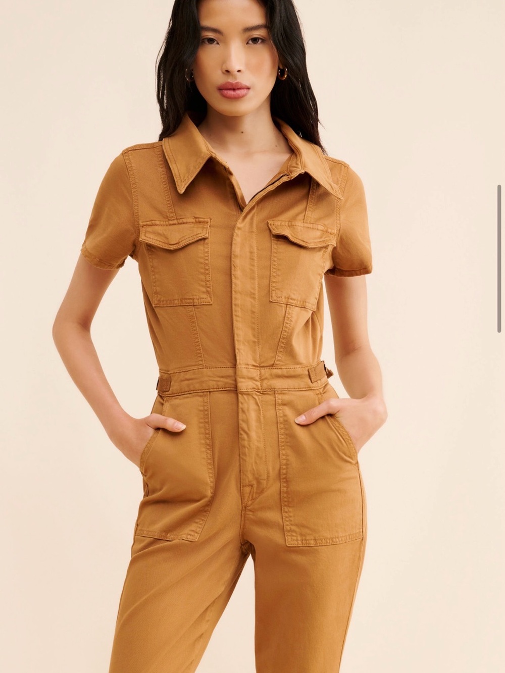 Good American Short-Sleeve Utility Jumpsuit in Camel
